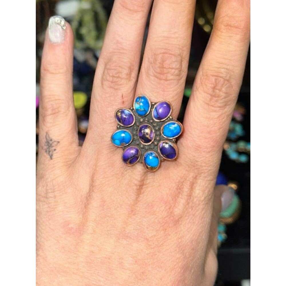 Purple Dahlia Turquoise Floral Cluster Pure Copper Bypass Ring Size 11